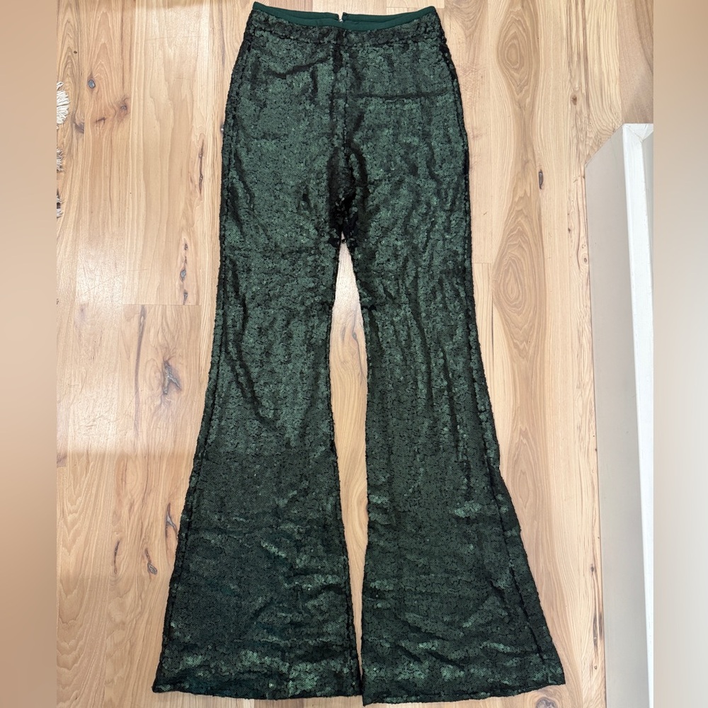 Cynthia Rowley Forest Green Sequin Flare Pant, Size 4